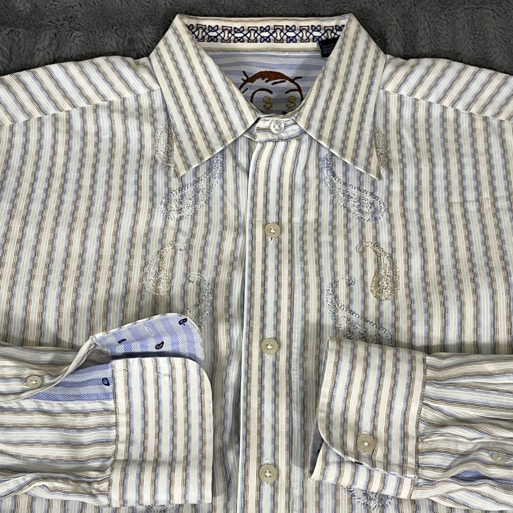 Robert‎ Graham Mens Large L Striped Paisley Embroidered Long Sleeve Button Shirt